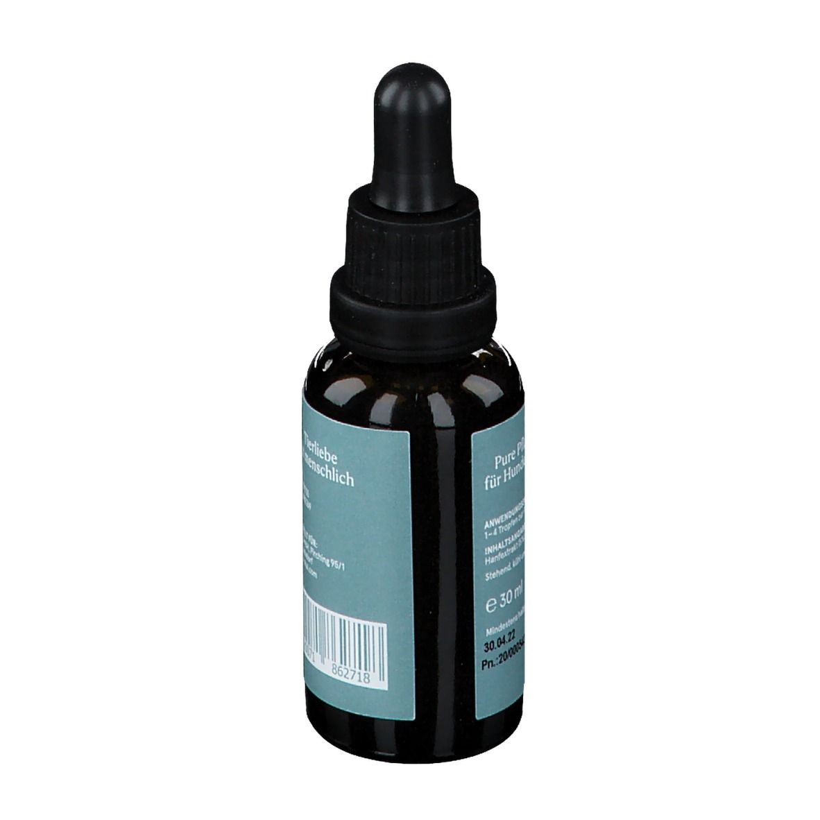 Flacon en verre brun avec compte-gouttes noir. Inscription: Pure puissance végétale pour chiens et chats. E 30 ml.