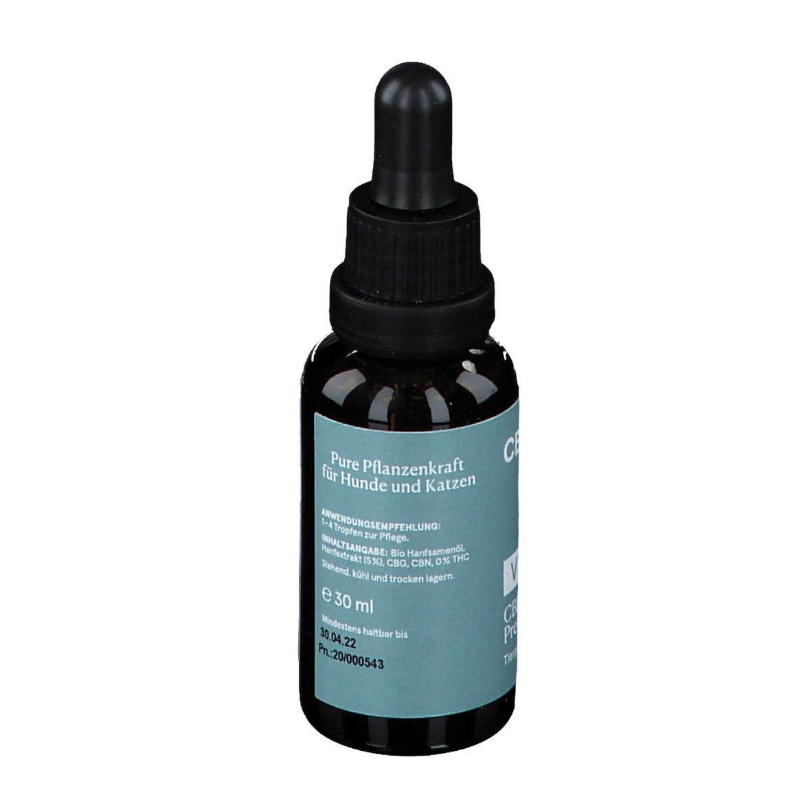 Flacon en verre brun avec compte-gouttes noir. Inscription: Pure puissance végétale pour chiens et chats. E 30 ml.