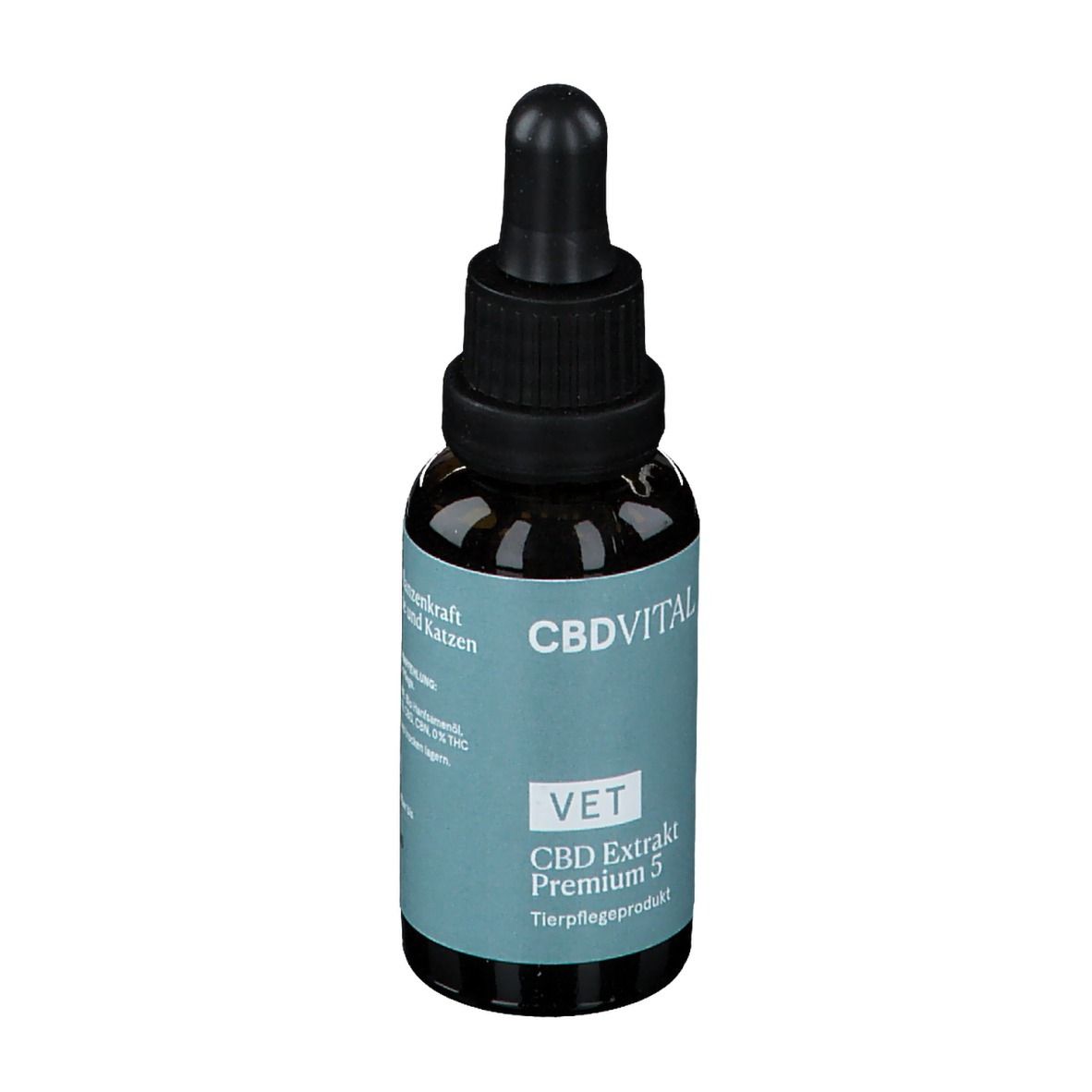 Flacon en verre brun avec compte-gouttes noir. Inscription: CBDVITAL, VET CBD Extrakt Premium 5. Produit de soins pour animaux.