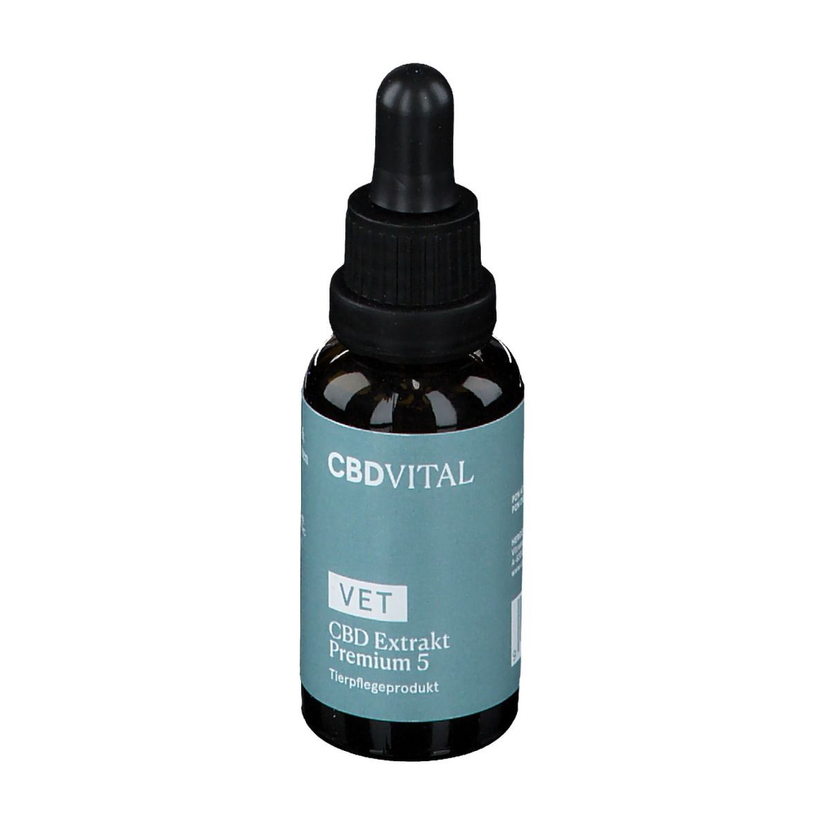 Flacon en verre brun avec compte-gouttes noir. Inscription: CBDVITAL, VET CBD Extrakt Premium 5. Produit de soins pour animaux.