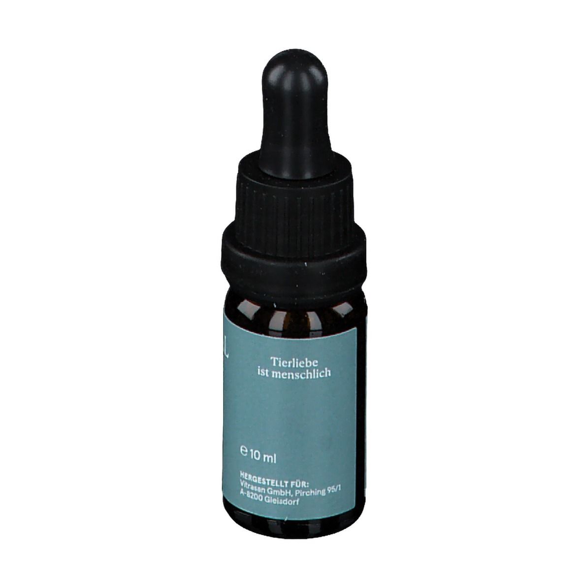 Braune Glasflasche mit schwarzem Verschluss und Pipette. Aufkleber mit Text: Tierliebe ist menschlich, e 10 ml.