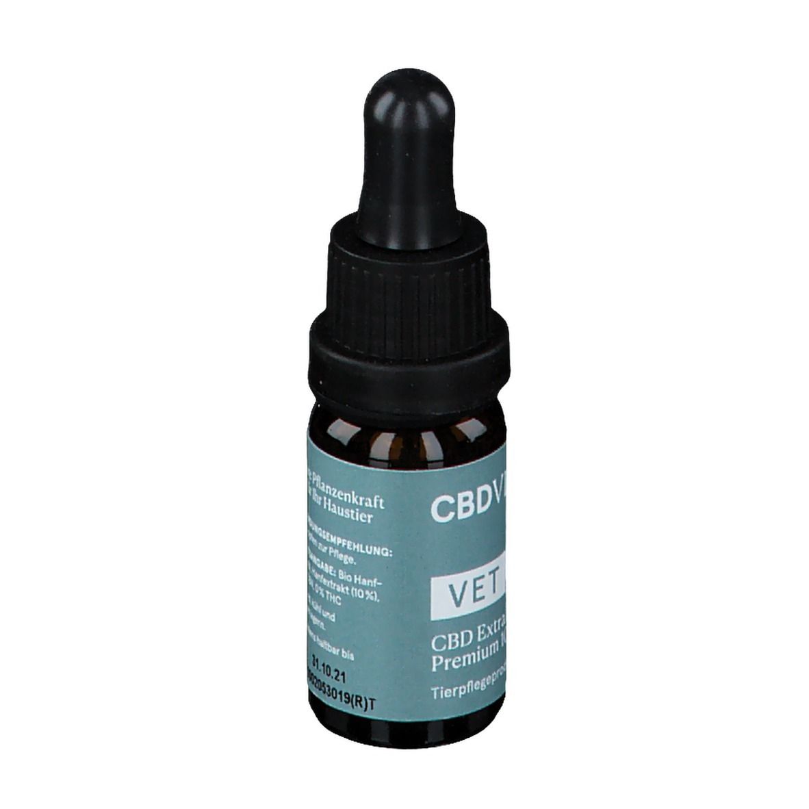 Braune Glasflasche mit schwarzem Verschluss und Pipette. Aufkleber mit Text: CBDVITAL, VET, CBD Extrakt Premium 10.