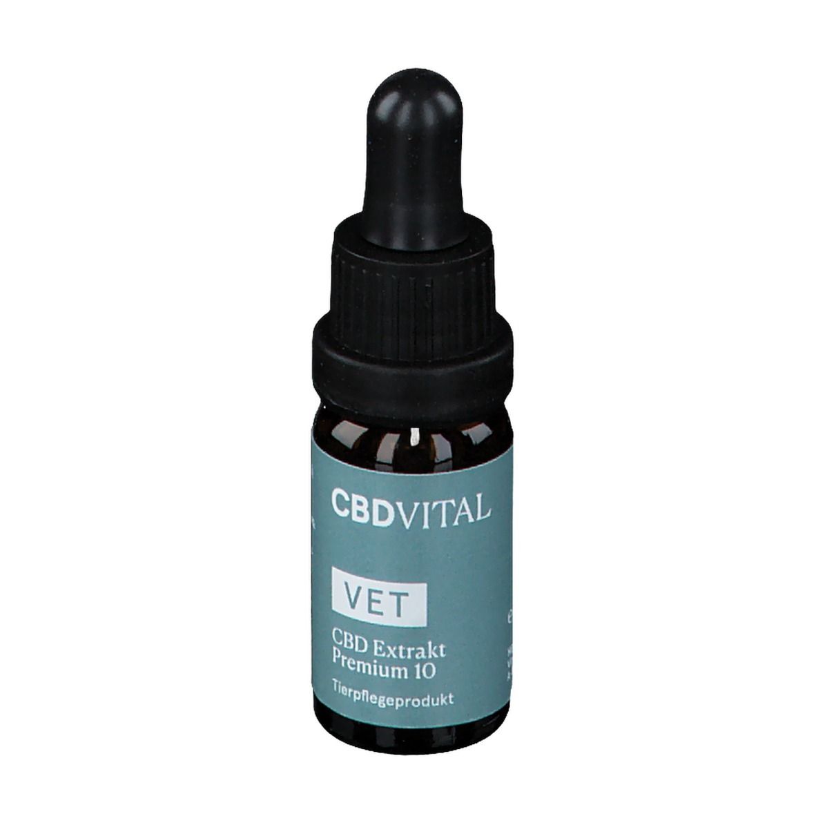 Braune Glasflasche mit schwarzem Verschluss und Pipette. Aufkleber mit Text: CBDVITAL, VET, CBD Extrakt Premium 10.