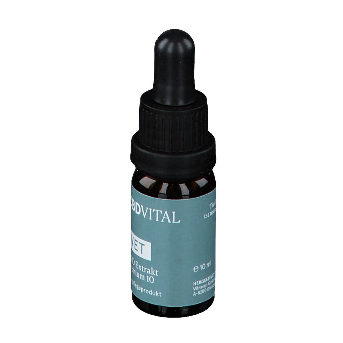 Braune Glasflasche mit schwarzem Verschluss und Pipette. Aufkleber mit Text: CBDVITAL, e 10 ml.
