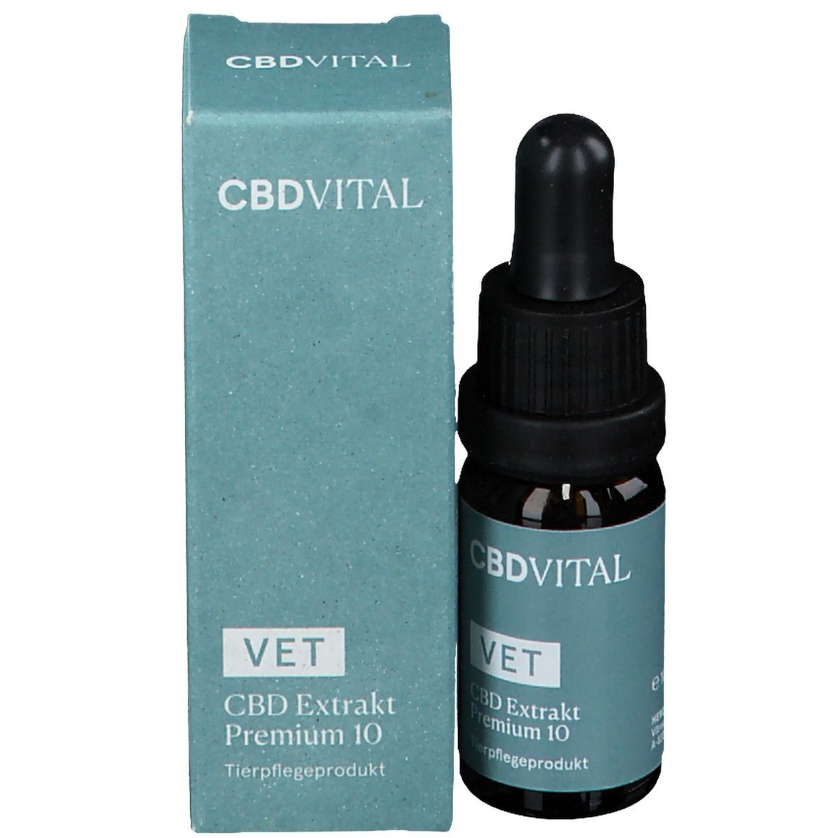 Braune Glasflasche mit schwarzem Verschluss und Pipette neben einer rechteckigen Schachtel. Aufdruck: CBDVITAL, VET, CBD Extrakt Premium 10.