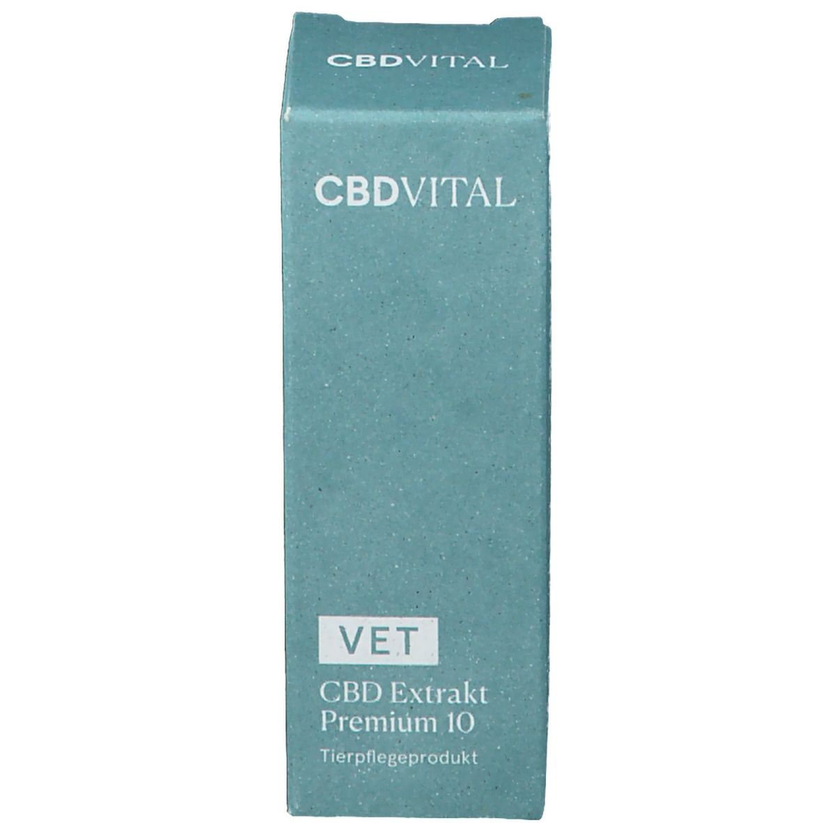 Rechteckige Schachtel mit Aufdruck: CBDVITAL, VET, CBD Extrakt Premium 10.