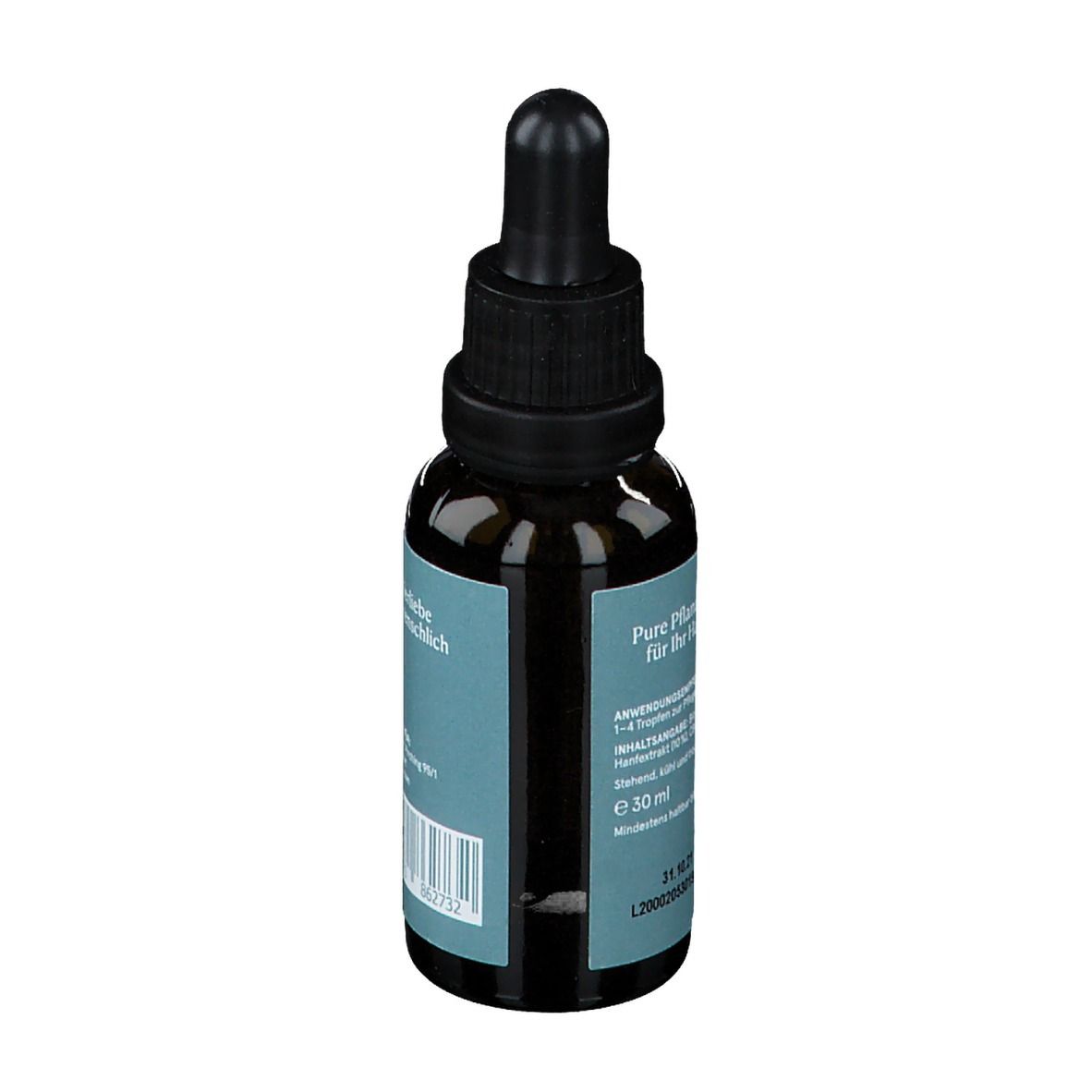 Braune Glasflasche mit schwarzem Tropfer. Aufkleber mit Text: Pure Pflanzenkraft für Ihr Haustier, e 30 ml.