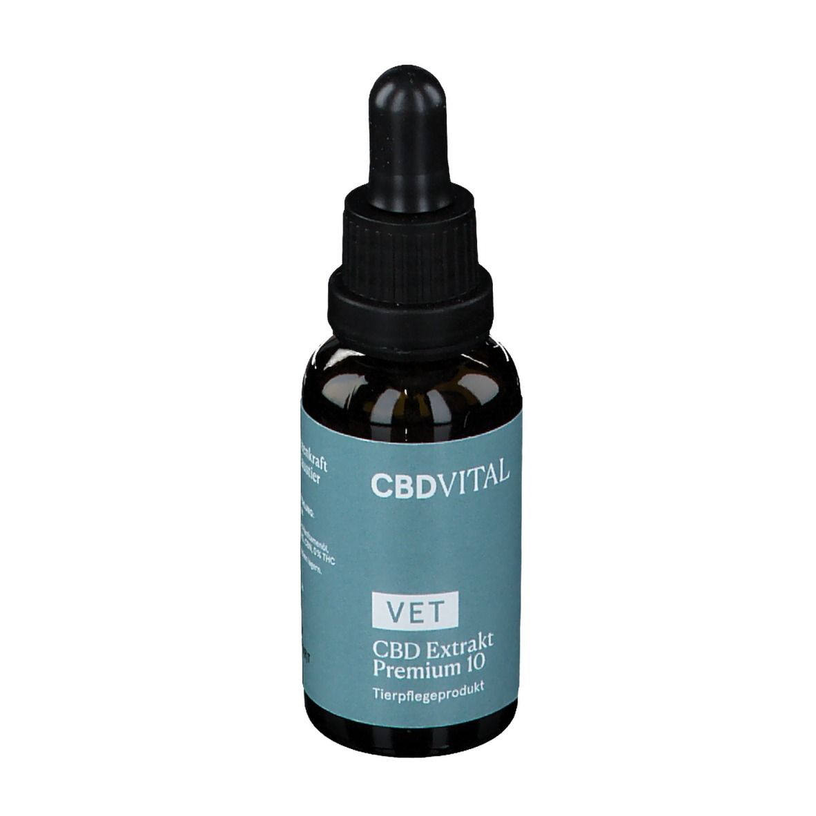 Braune Glasflasche mit schwarzem Tropfer. Aufkleber mit Text: CBDVITAL, VET, CBD Extrakt Premium 10.