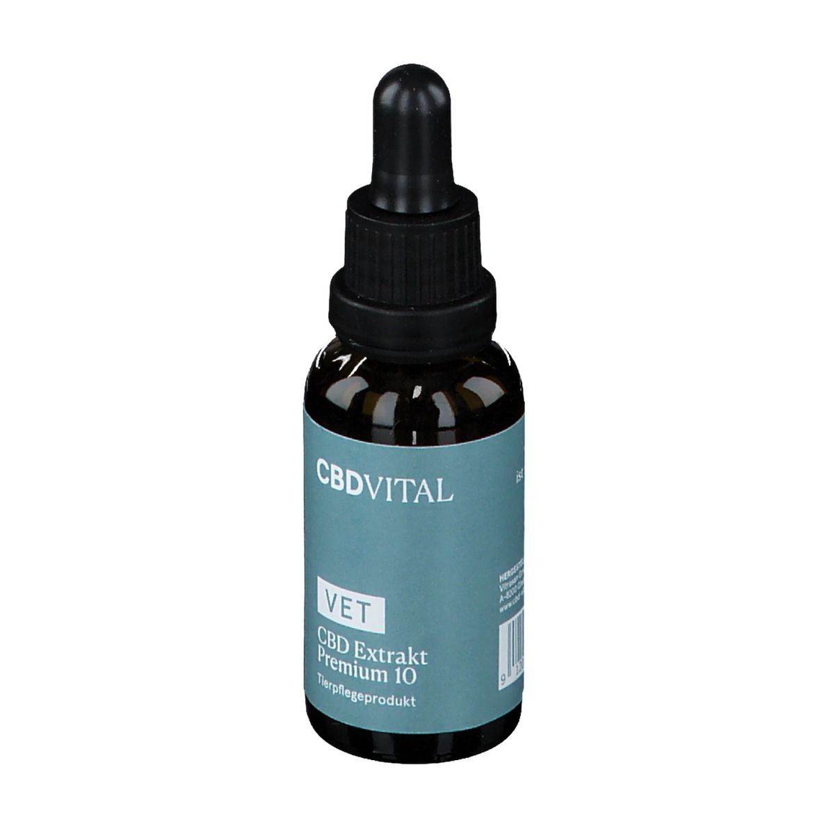 Braune Glasflasche mit schwarzem Tropfer. Aufkleber mit Text: CBDVITAL, VET, CBD Extrakt Premium 10.