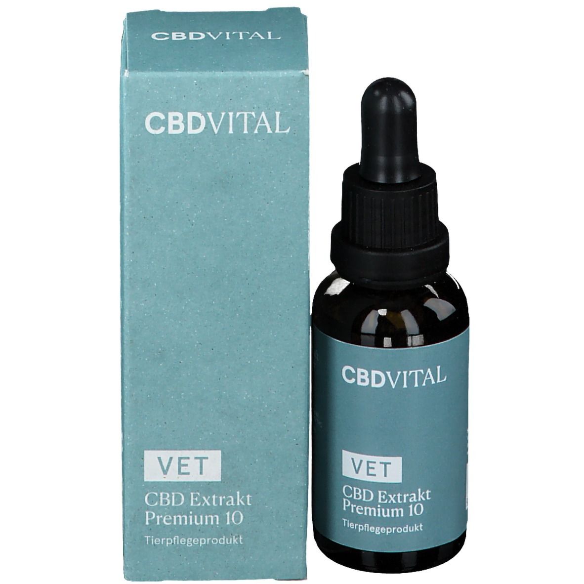 Braune Glasflasche mit schwarzem Tropfer und Karton. Aufkleber und Karton mit Text: CBDVITAL, VET, CBD Extrakt Premium 10.
