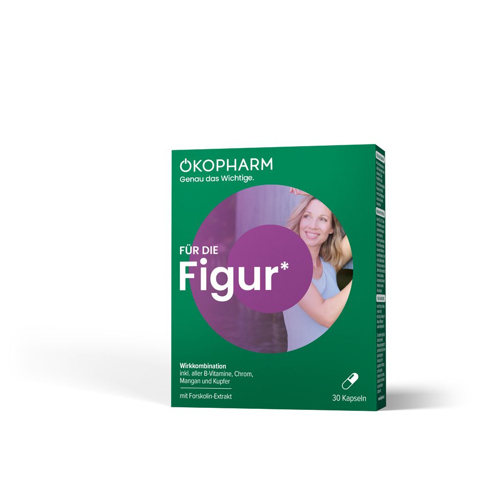 Grüne Schachtel mit "Für die Figur" und "ÖKOPHARM" Schriftzug. Enthält 30 Kapseln. Lila Kreis mit Frau.