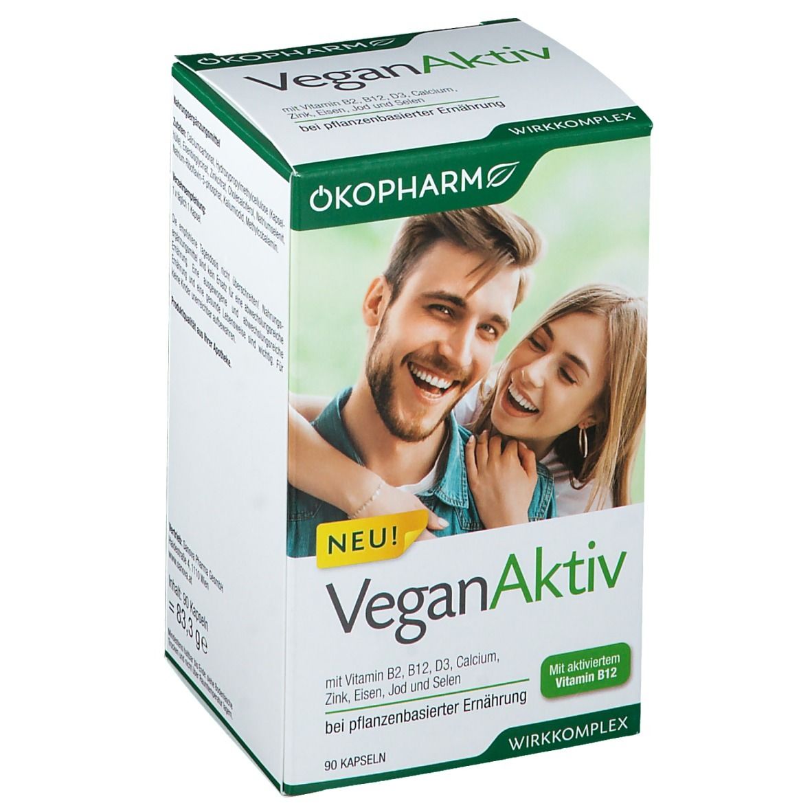 Karton mit VeganAktiv-Nahrungsergänzungsmittel. Enthält B2, B12, D3, Calcium, Zink, Eisen, Jod und Selen. 90 Kapseln.