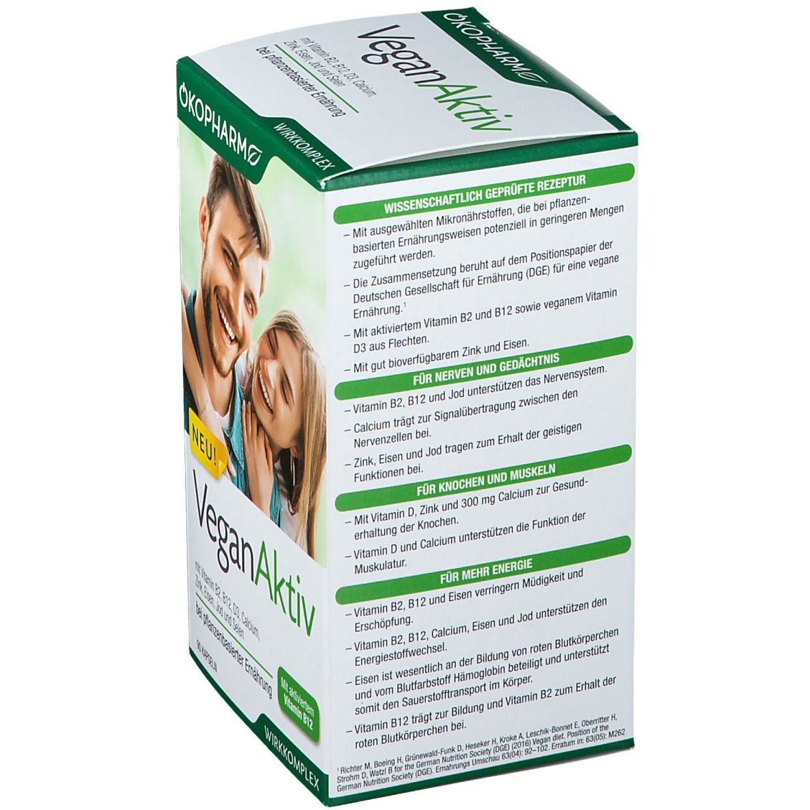 Karton mit VeganAktiv-Nahrungsergänzungsmittel. Rückseite mit Informationen zu Inhaltsstoffen und Wirkungen. Vegan-Siegel.