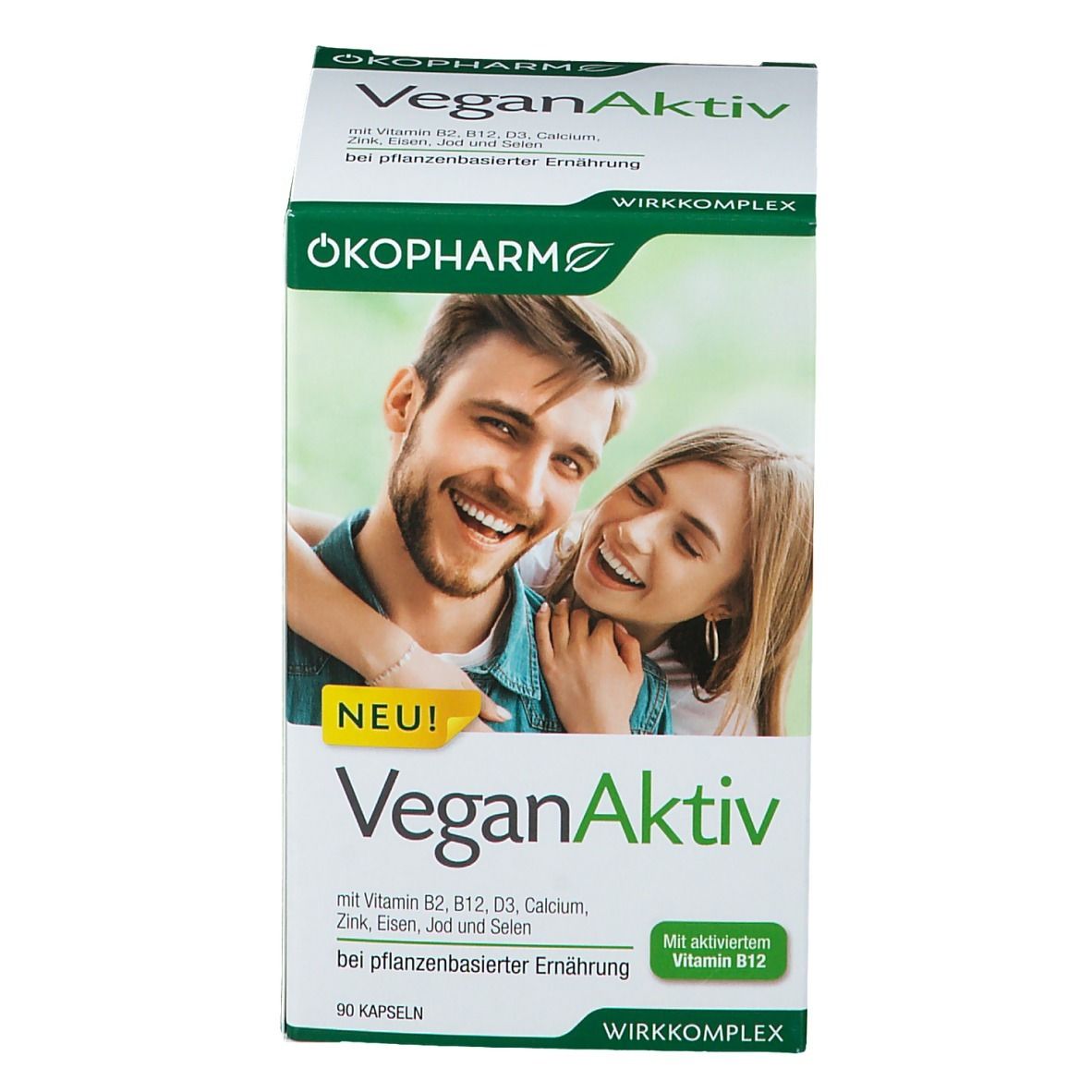 Karton mit VeganAktiv-Nahrungsergänzungsmittel. Enthält B2, B12, D3, Calcium, Zink, Eisen, Jod und Selen. 90 Kapseln.