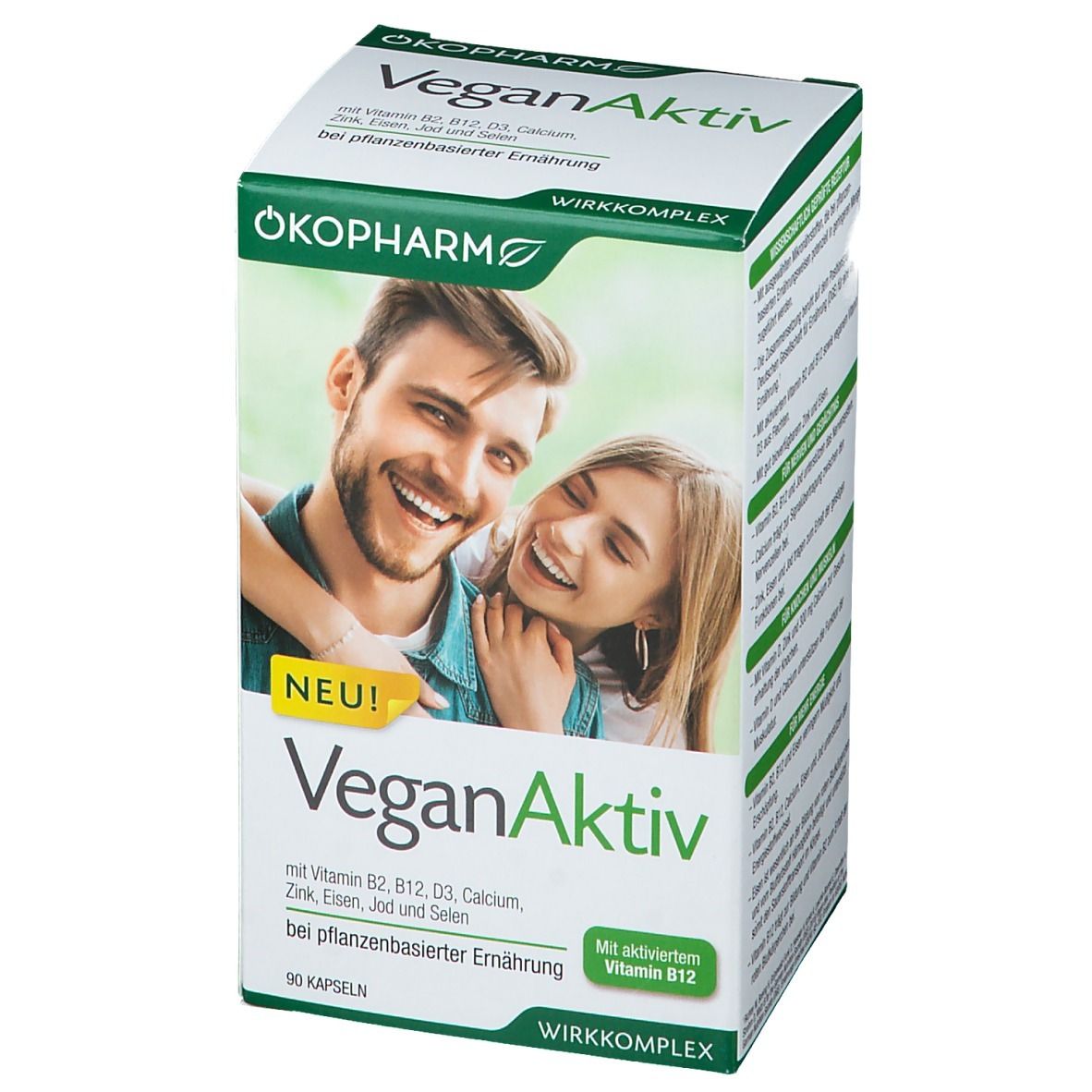 Karton mit VeganAktiv-Nahrungsergänzungsmittel. Enthält B2, B12, D3, Calcium, Zink, Eisen, Jod und Selen. 90 Kapseln.