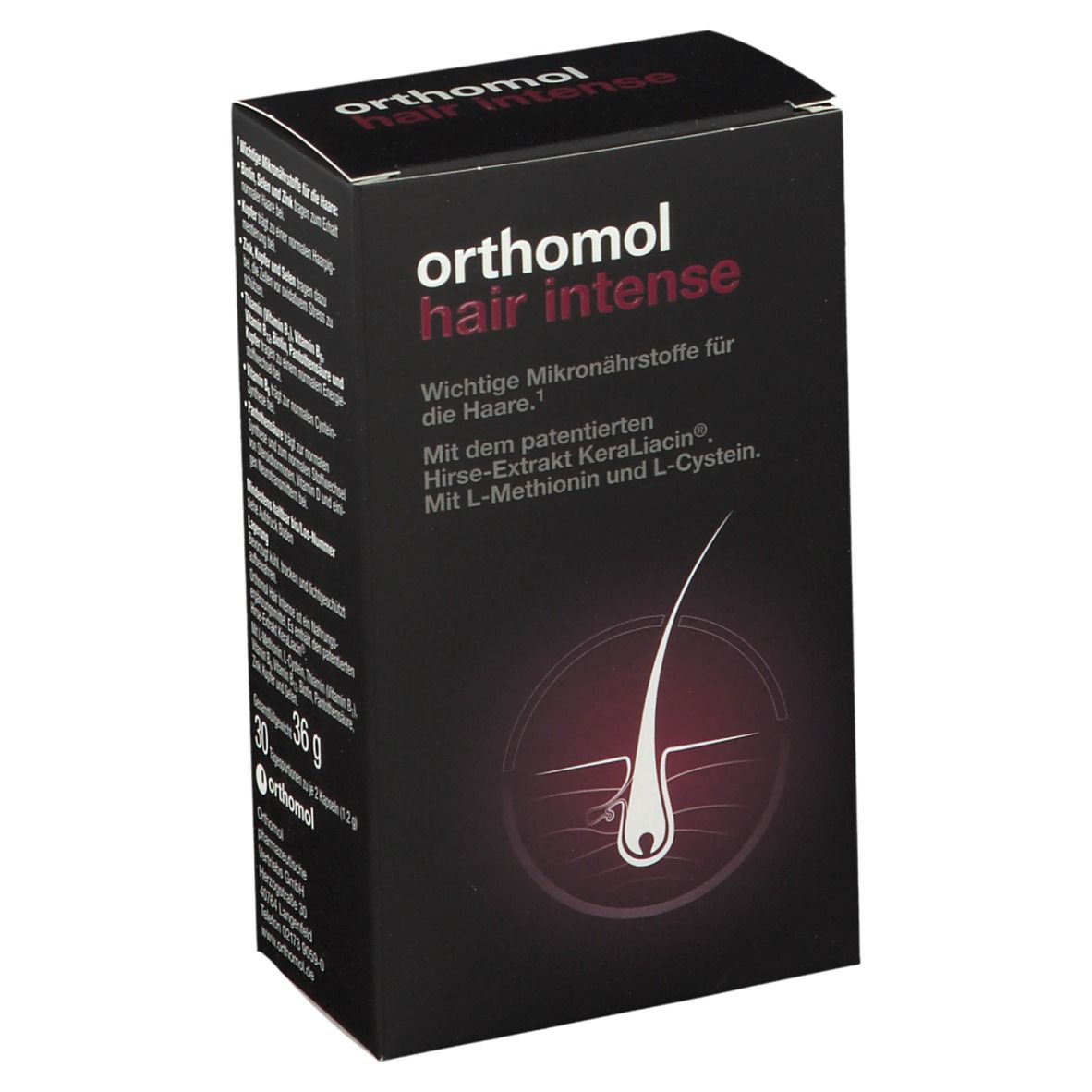 Schachtel mit "orthomol hair intense". Enthält Mikronährstoffe für die Haare. Mit KeraLiacin, L-Methionin und L-Cystein.