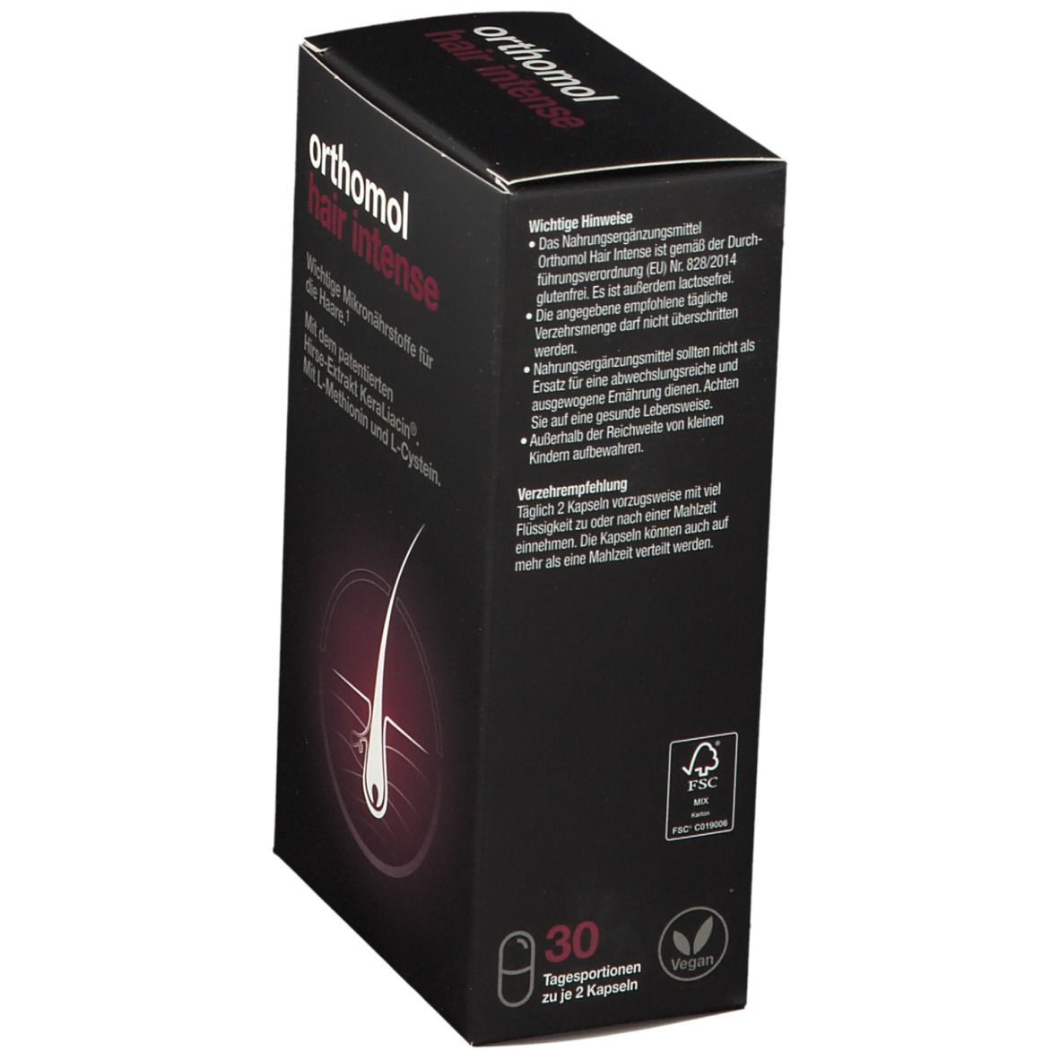 Schwarze Schachtel mit "orthomol hair intense". Enthält 30 Tagesportionen. FSC-Zertifizierung und Vegan-Siegel.