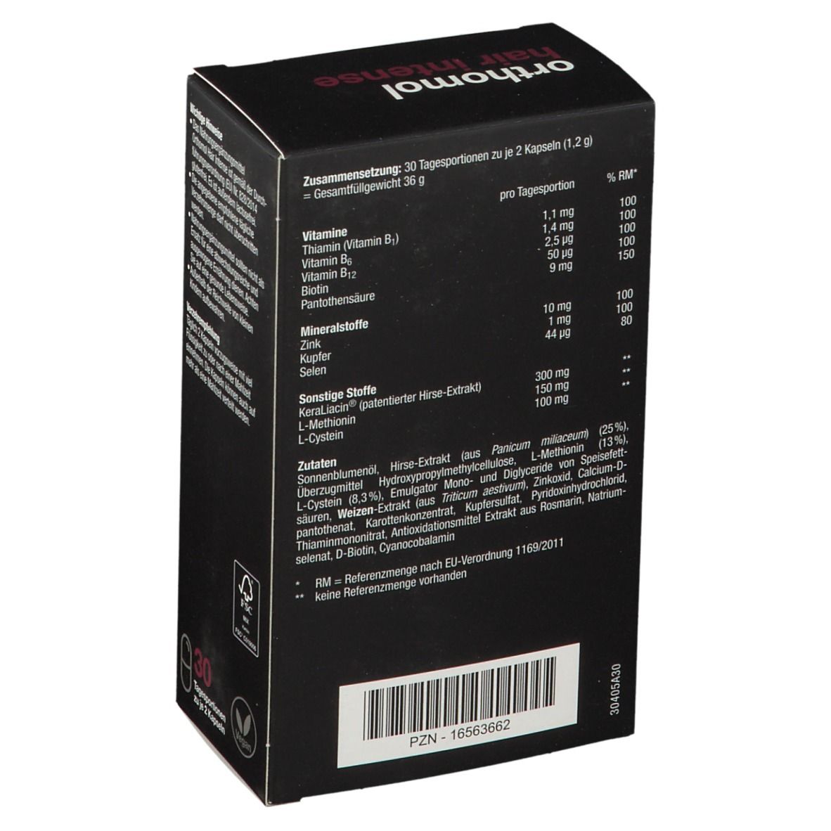 Rückseite der Schachtel mit Inhaltsstoffen und Nährwertangaben. Enthält Vitamine, Mineralstoffe und weitere Inhaltsstoffe.