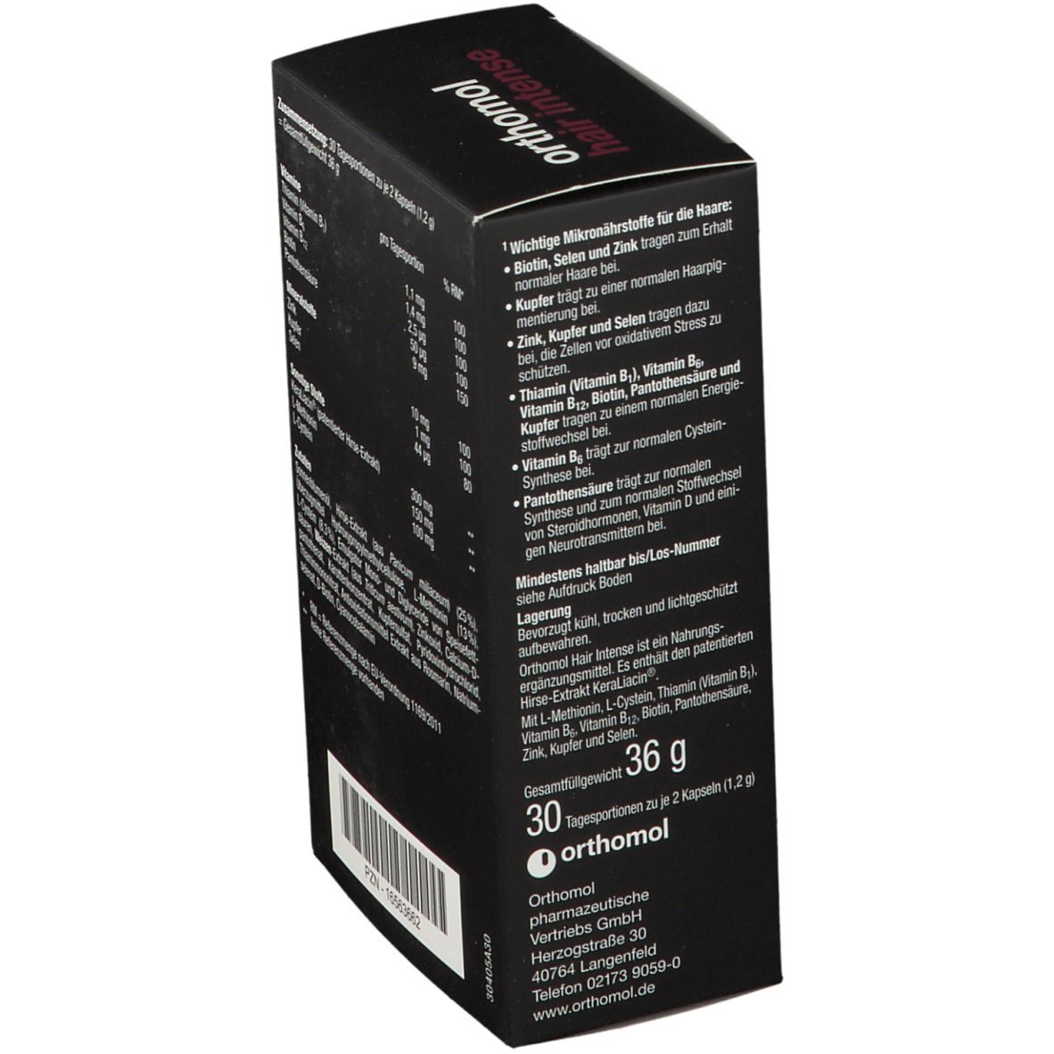 Schachtel mit "orthomol hair intense". Enthält 36 g. Enthält wichtige Mikronährstoffe für die Haare. Mit Inhaltsangaben.