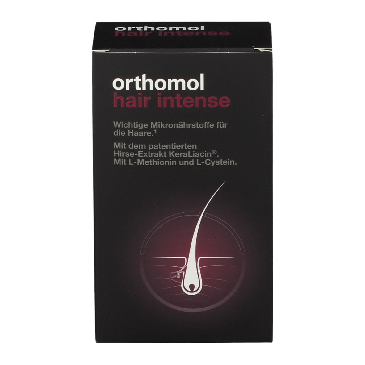 Schachtel mit "orthomol hair intense". Enthält Mikronährstoffe für die Haare. Mit KeraLiacin, L-Methionin und L-Cystein.
