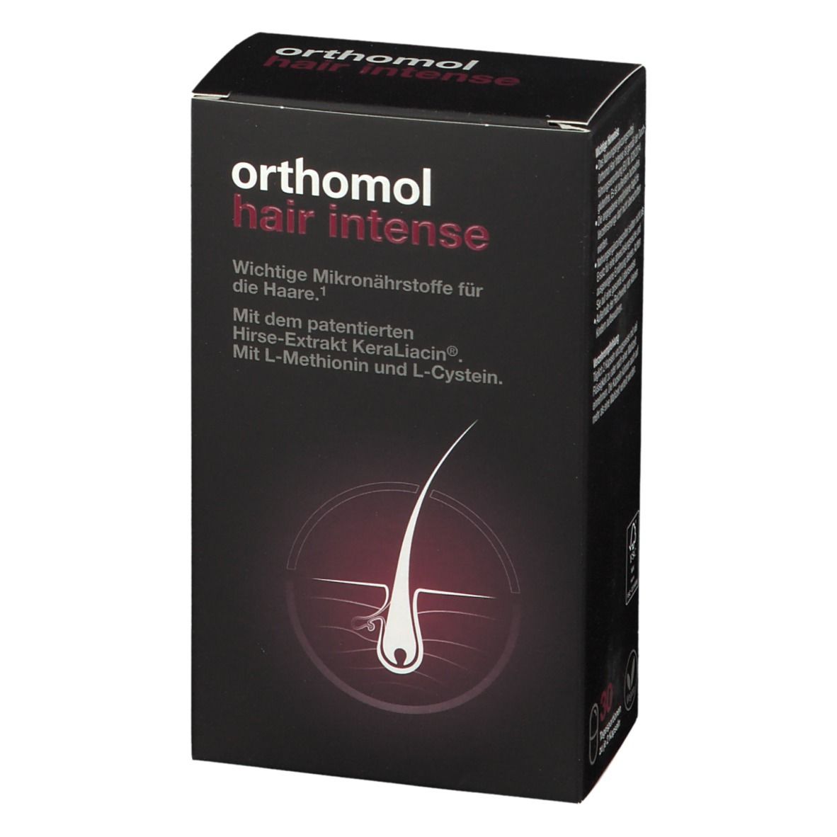 Schachtel mit "orthomol hair intense". Enthält Mikronährstoffe für die Haare. Mit KeraLiacin, L-Methionin und L-Cystein.