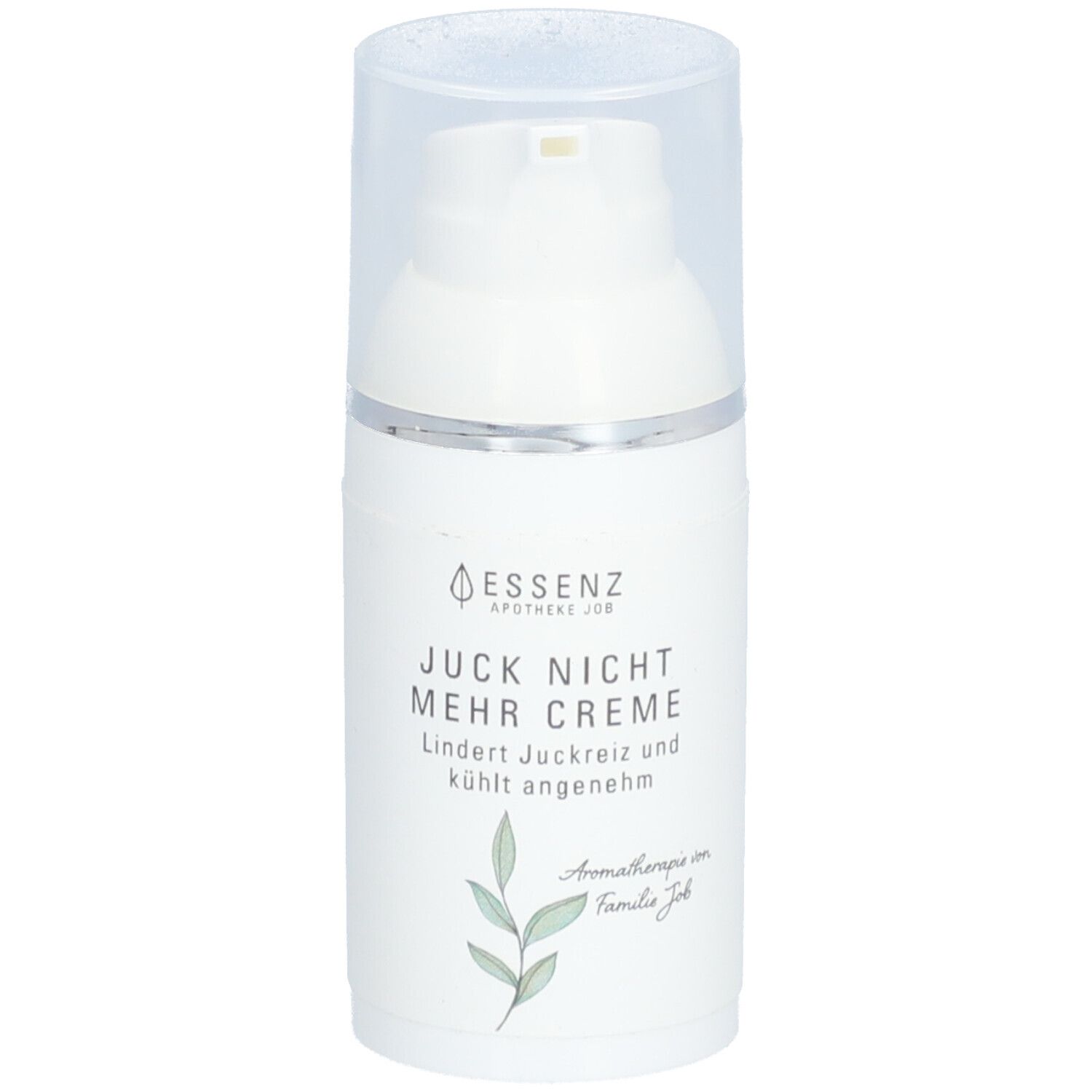 Weiße Creme-Flasche mit Pumpverschluss. Aufschrift: Juck Nicht Mehr Creme. Mit Blätter-Illustration.
