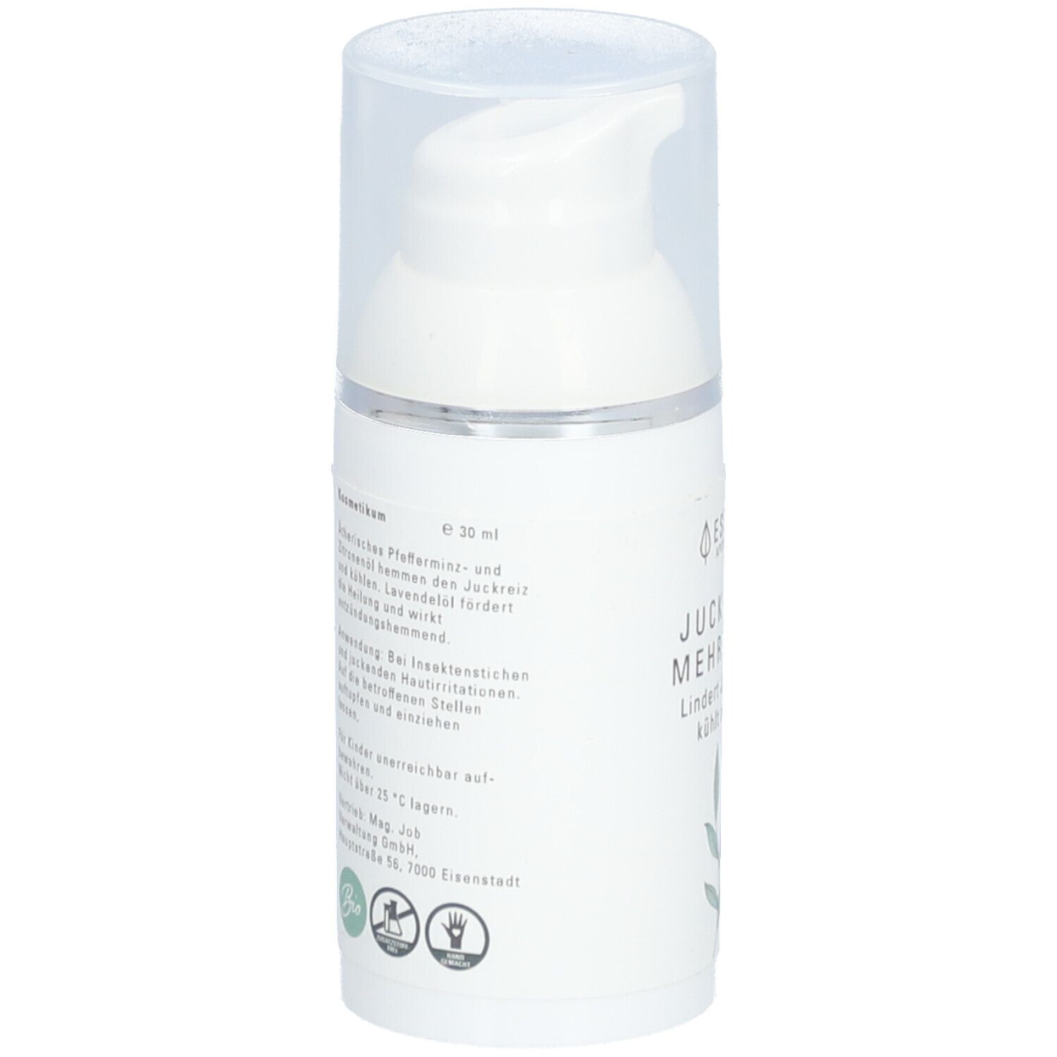 Weiße Creme-Flasche mit Pumpverschluss. Text und Inhaltsstoffe auf der Seite. Mit Bio-Siegel.