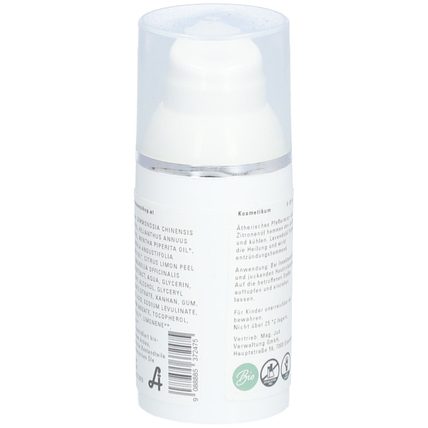 Weiße Creme-Flasche mit Pumpverschluss. Inhaltsstoffe und Text auf der Seite. Mit Bio-Siegel.
