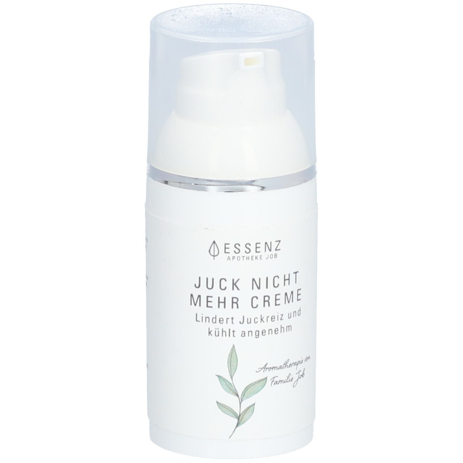Weiße Creme-Flasche mit Pumpverschluss. Aufschrift: Juck Nicht Mehr Creme. Mit Blätter-Illustration.