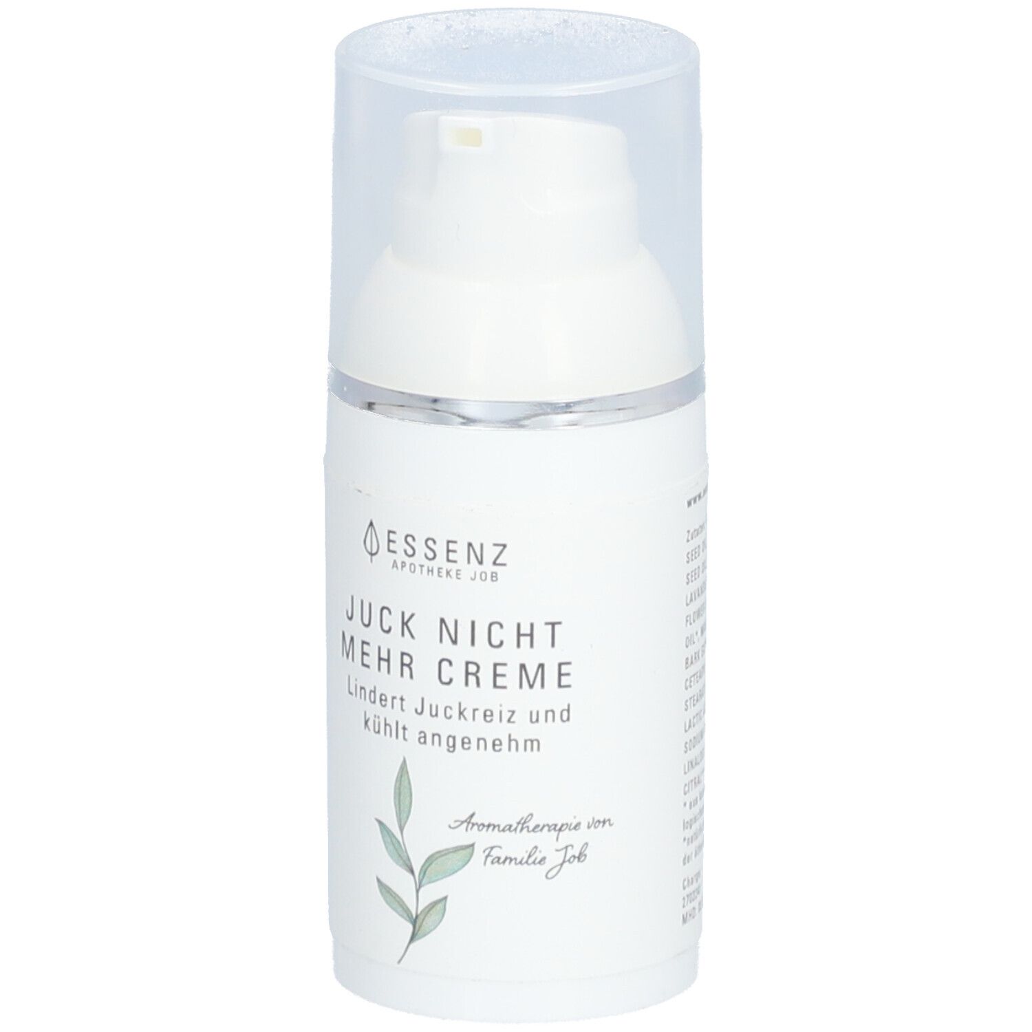 Weiße Creme-Flasche mit Pumpverschluss. Aufschrift: Juck Nicht Mehr Creme. Mit Blätter-Illustration.