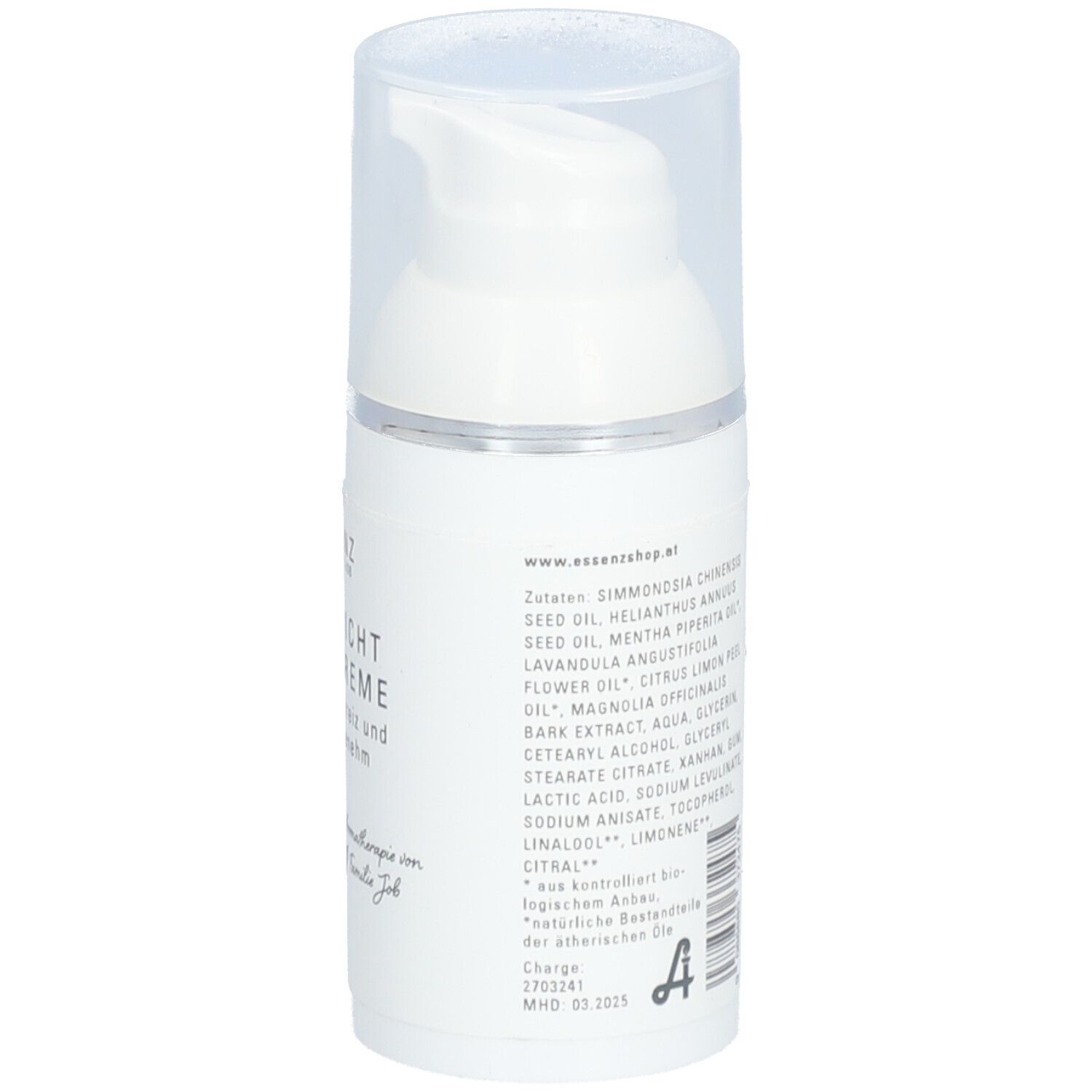 Weiße Creme-Flasche mit Pumpverschluss. Inhaltsstoffe und Text auf der Seite. Mit Bio-Siegel.