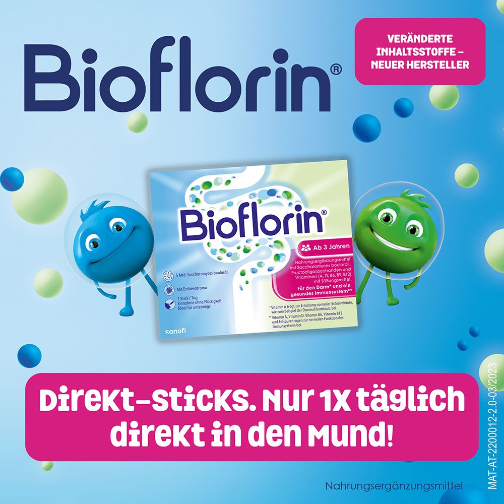 Bioflorin®-Packung. Direkt-Sticks. Nur 1x täglich. Für Kinder ab 3 Jahren. Für Darm und Immunsystem. Mit Figuren.