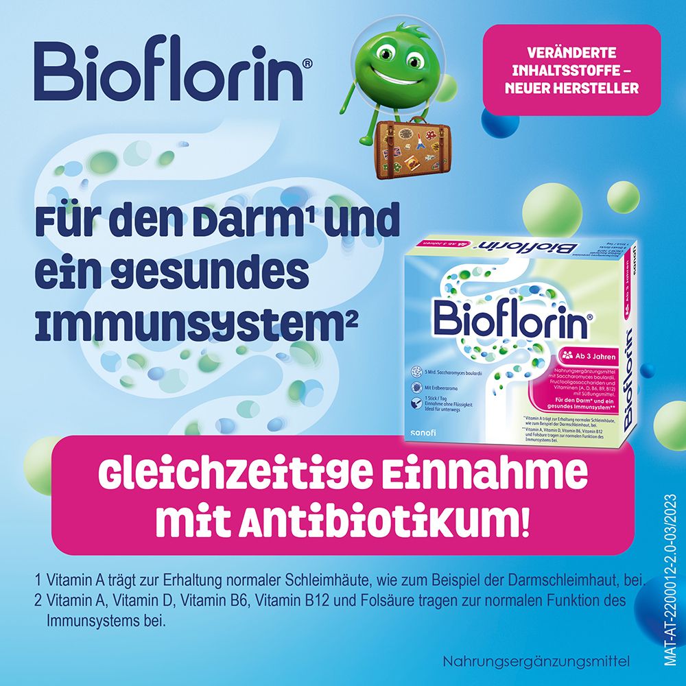 Bioflorin®-Packung. Für Darm und Immunsystem. Gleichzeitige Einnahme mit Antibiotikum. Mit Figuren und Text.