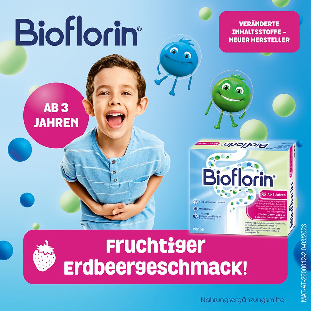 Bioflorin®-Packung. Für Kinder ab 3 Jahren. Fruchtiger Erdbeergeschmack. Mit Kind und Figuren.