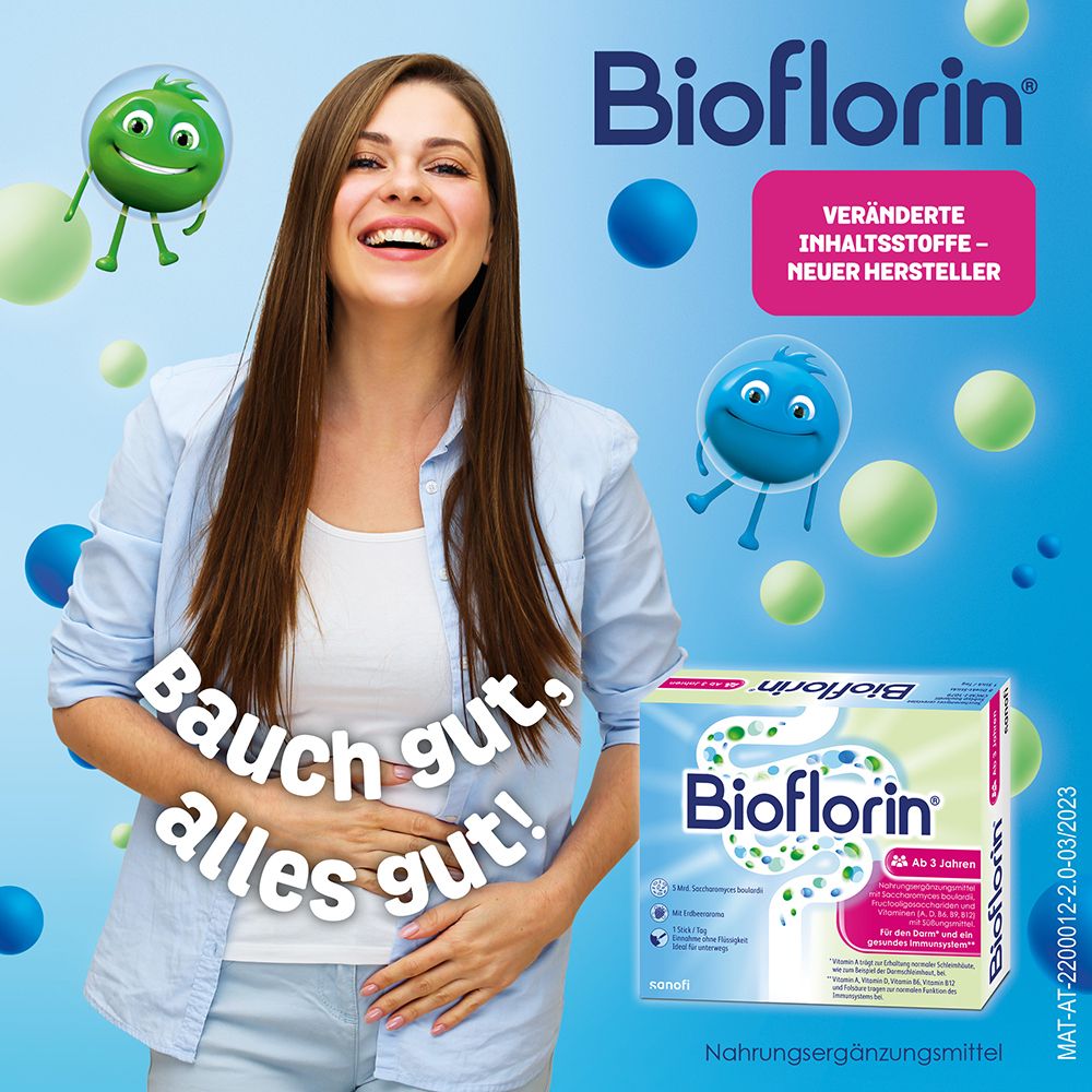 Bioflorin®-Packung. Für Darm und Immunsystem. Bauch gut, alles gut! Mit Frau und Figuren.