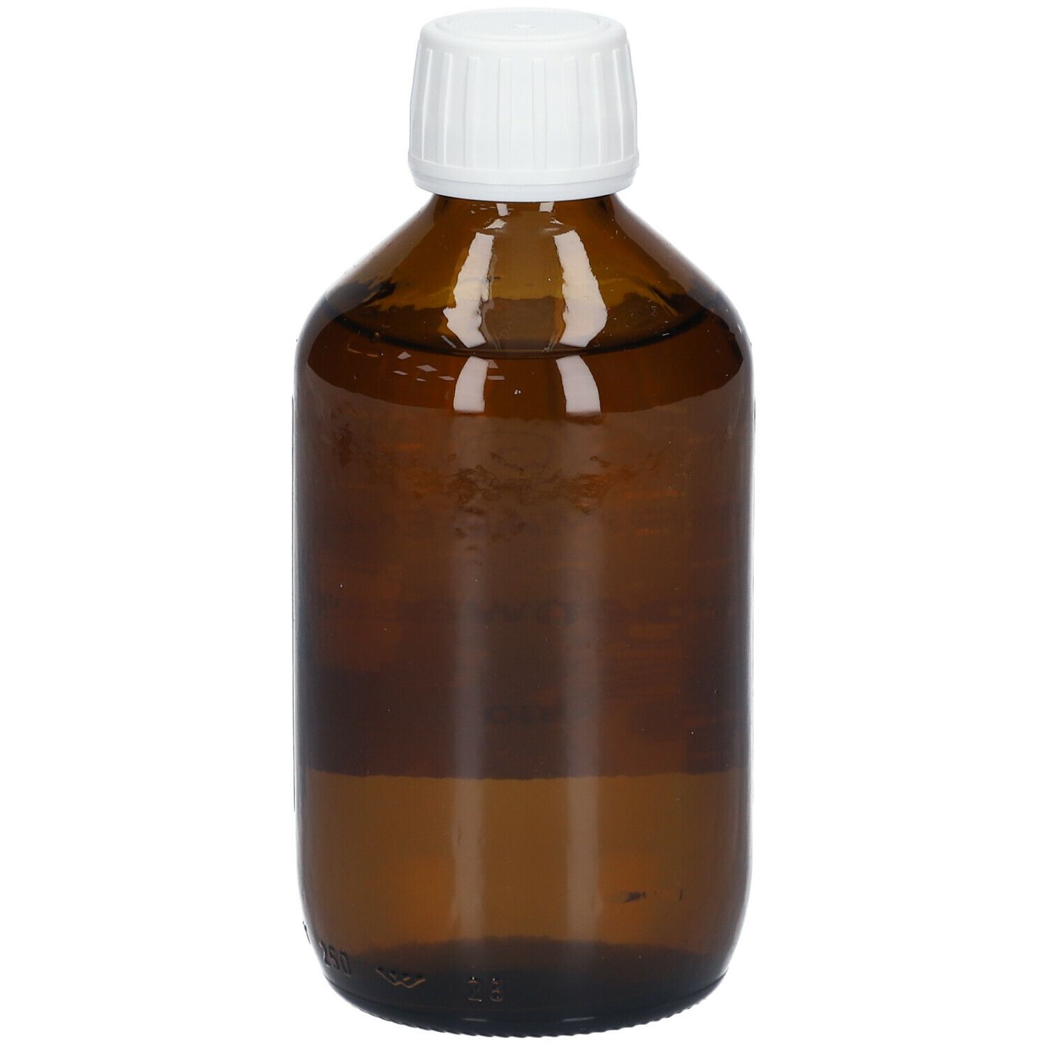 Braune Glasflasche mit weißem Deckel. Flüssigkeit sichtbar. Keine weiteren Details.