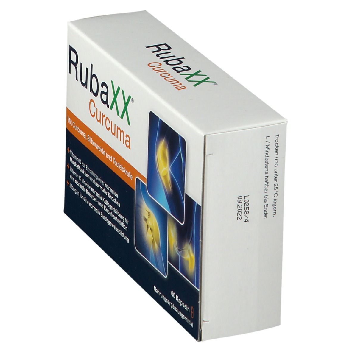 Rubaxx Curcuma Kapseln-Packung, schräg. Enthält 60 Kapseln. Aufschrift: Vitamin D, C, Mangan. Mindestens haltbar bis 09/2022.