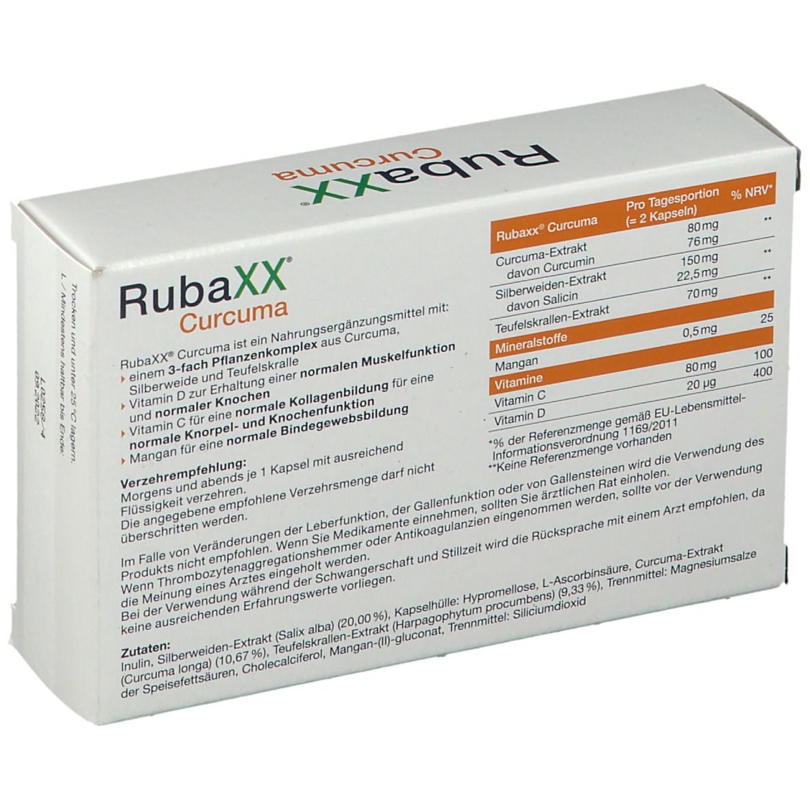 Rückseite der Rubaxx Curcuma Kapseln-Packung. Enthält Informationen zu Inhaltsstoffen und Nährwerten. Aufschrift: 60 Kapseln.