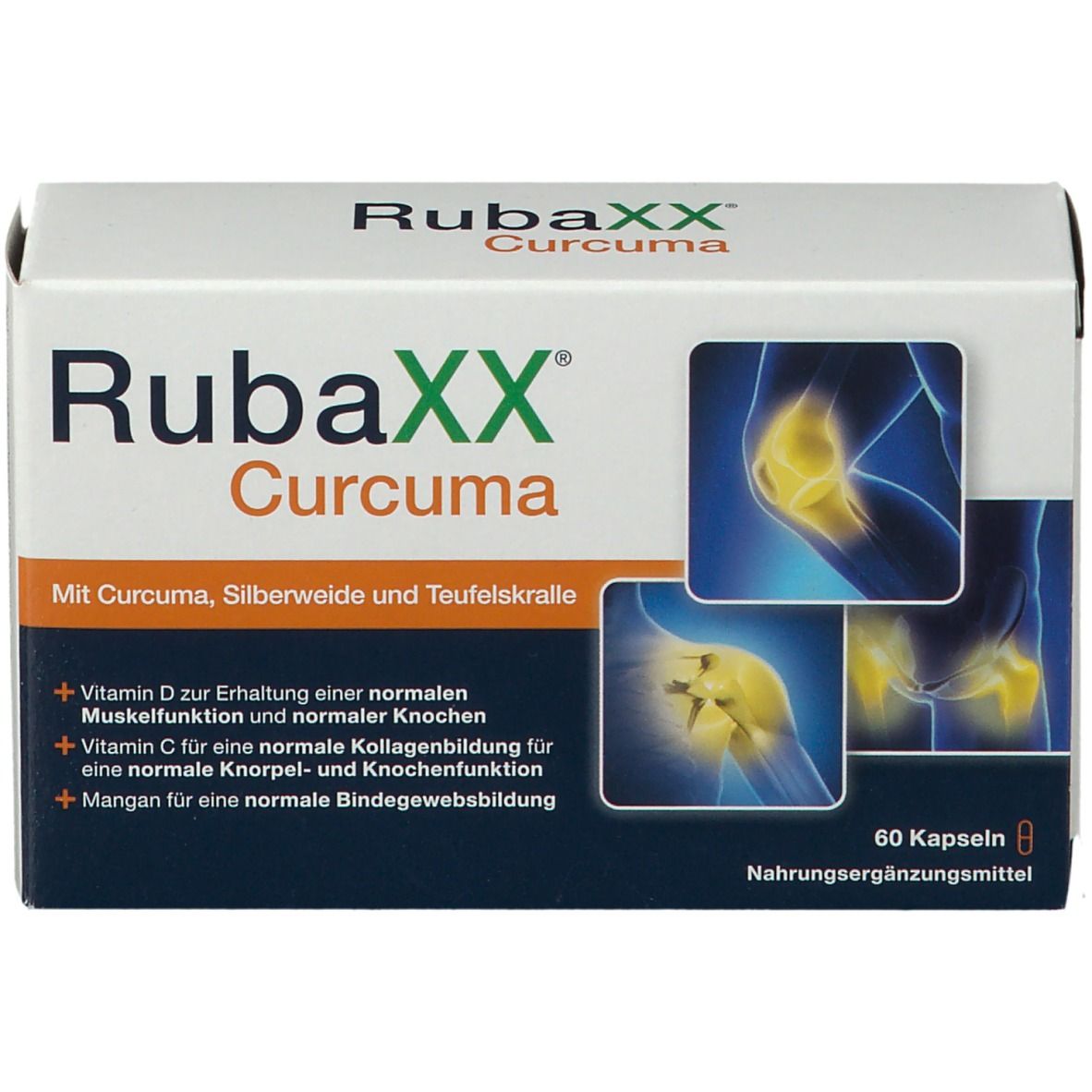 Rubaxx Curcuma Kapseln-Packung. Enthält 60 Kapseln. Aufschrift: Vitamin D, C, Mangan. Abbildung von Gelenken.