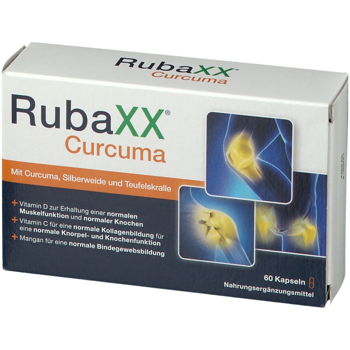 Rubaxx Curcuma Kapseln-Packung. Enthält 60 Kapseln. Aufschrift: Vitamin D, C, Mangan. Abbildung von Gelenken.