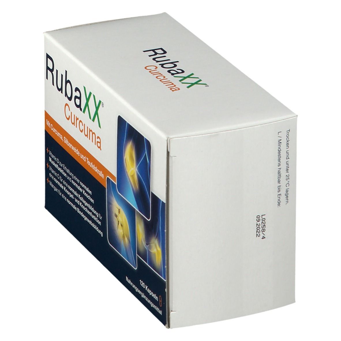Karton mit Rubaxx Curcuma Kapseln. Aufschrift: Rubaxx Curcuma. Abbildung von Gelenken. 120 Kapseln.