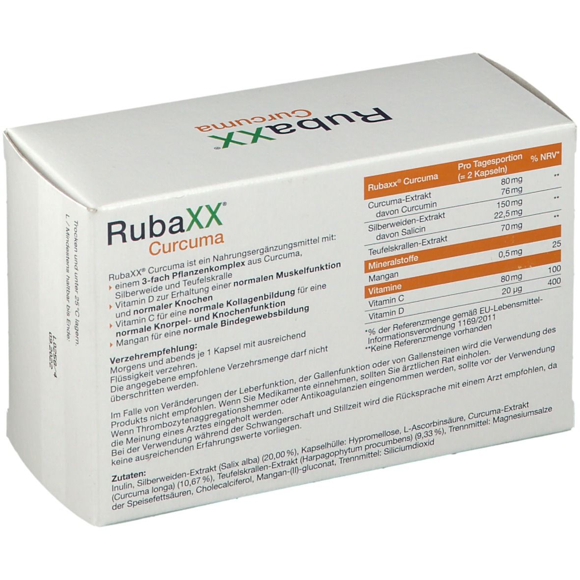 Karton mit Rubaxx Curcuma. Aufschrift: Rubaxx Curcuma. Nährwerttabelle. Enthält Curcuma, Weidenrinde und Teufelskralle.