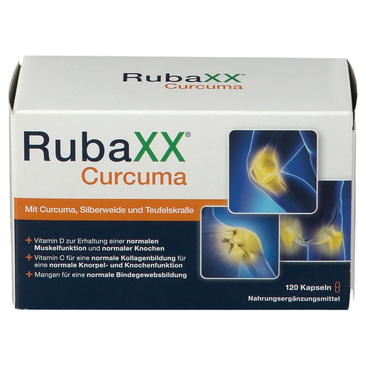 Karton mit Rubaxx Curcuma Kapseln. Aufschrift: Rubaxx Curcuma. Abbildung von Gelenken. 120 Kapseln.