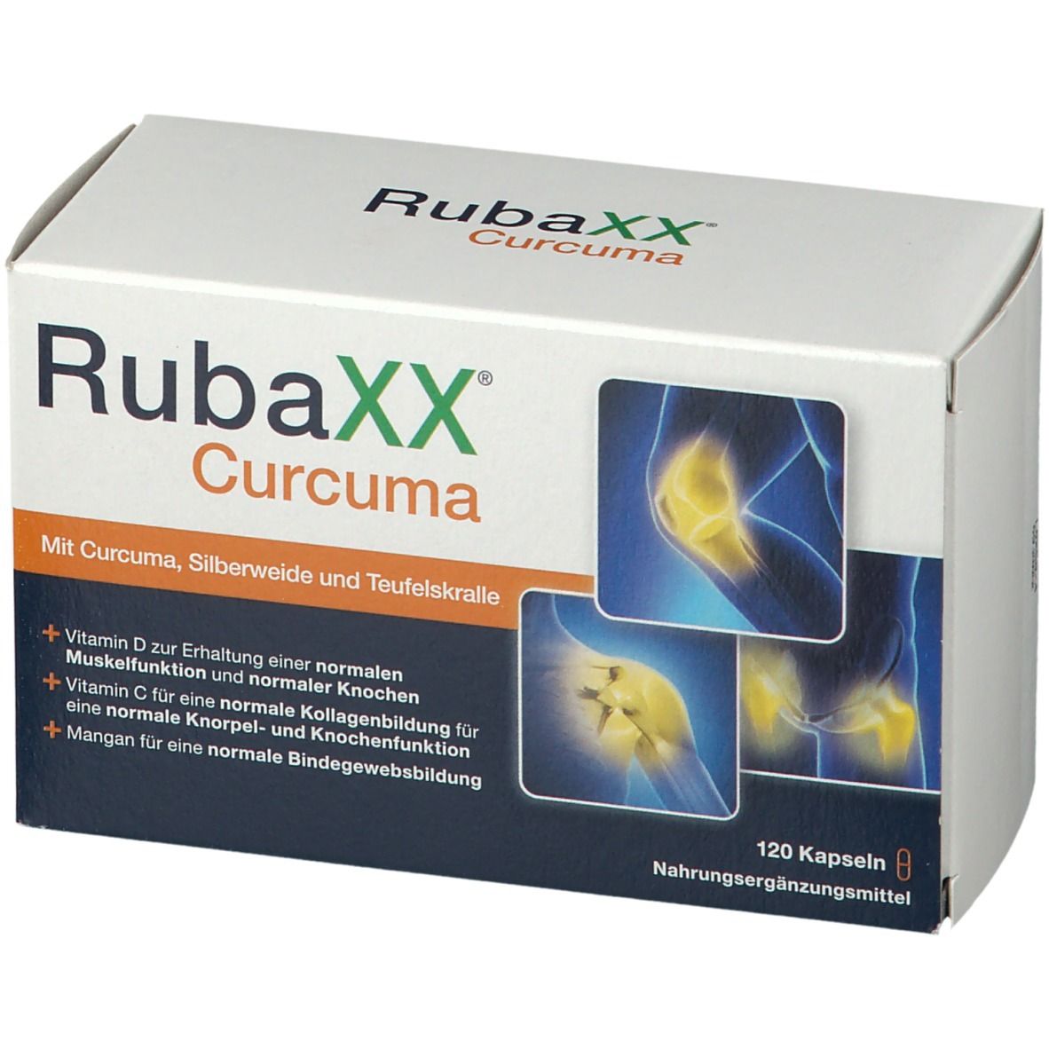 Karton mit Rubaxx Curcuma Kapseln. Aufschrift: Rubaxx Curcuma. Abbildung von Gelenken. 120 Kapseln.