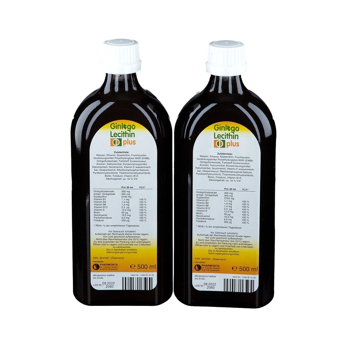 Zwei Flaschen Ginkgo Lecithin plus. Braune Flüssigkeit, weißer Deckel. Etikett mit Nährwertangaben und Logo.