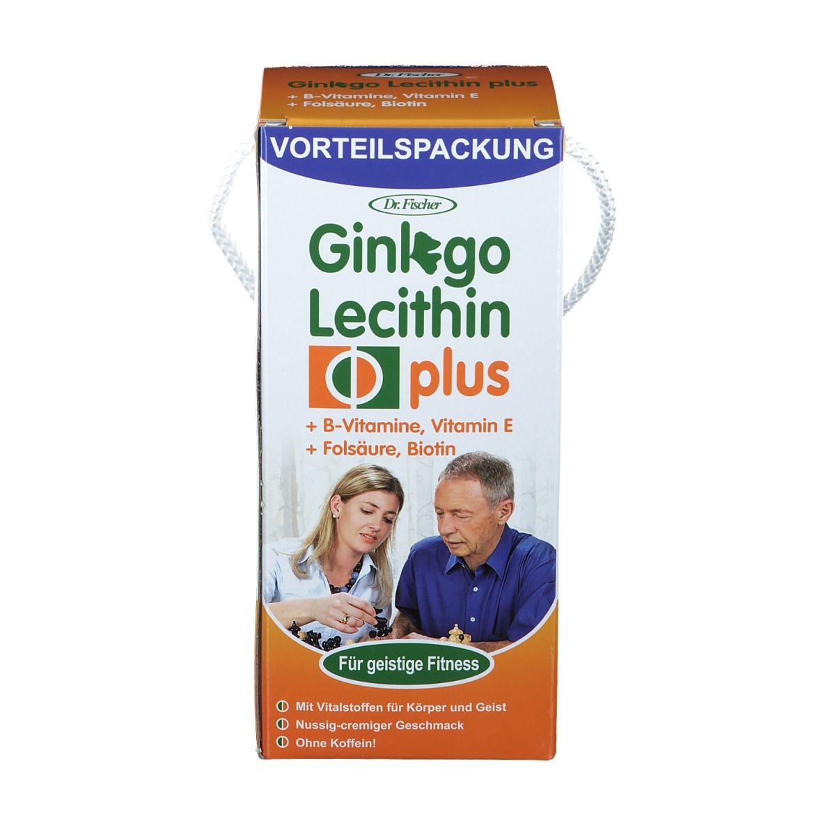 Verpackung von Ginkgo Lecithin plus. Weiß-orangefarbene Schachtel mit Produktnamen, Logo und Abbildung von Personen.