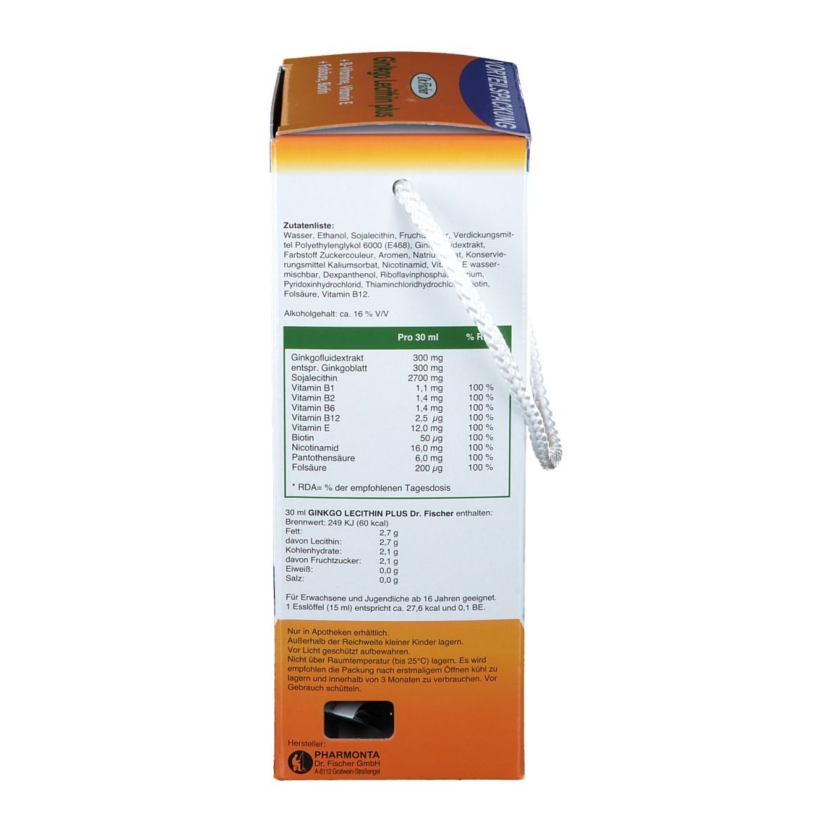 Rückseite der Verpackung von Ginkgo Lecithin plus. Enthält Nährwertangaben und Inhaltsstoffe. Mit Trageband.
