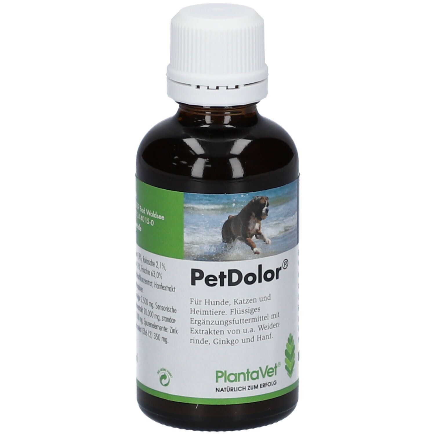 Braune Flasche mit weißem Deckel. Etikett mit Produktname PetDolor®, Hundebild und Text. Marke: PlantaVet.