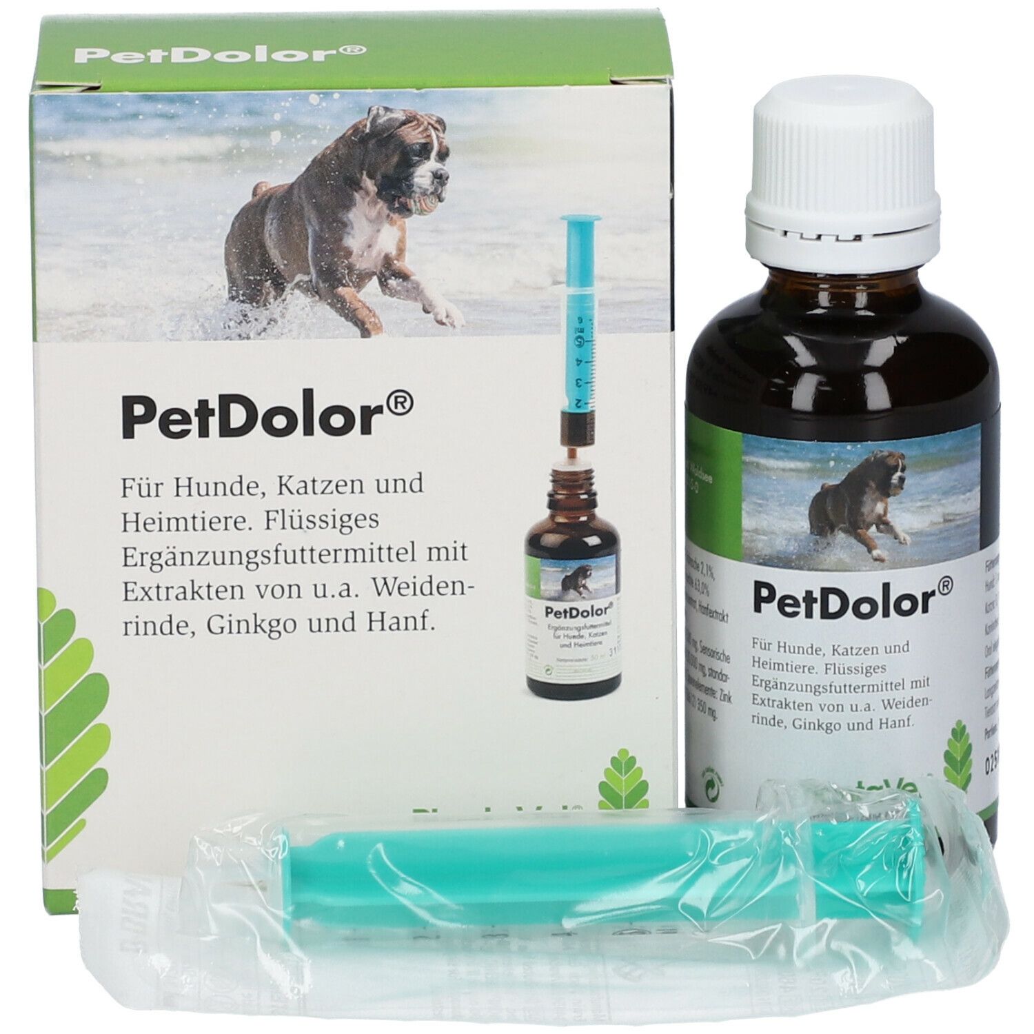 Produktverpackung mit Flasche, Spritze und Beipackzettel. Produktname PetDolor®. Marke: PlantaVet.