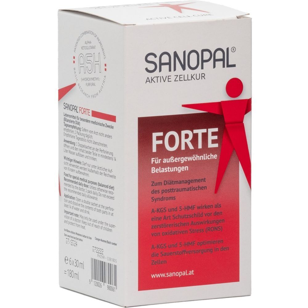 Sanopal Forte-Verpackung. Weißer Karton mit roter Schrift und Logo. Enthält 6 x 30ml. Text: Aktive Zellkur, Forte.